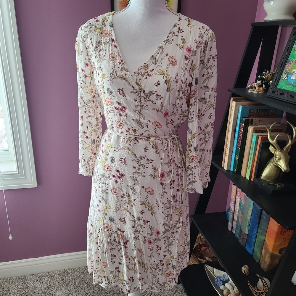 Floral Wrap Midi Dress in Ivory with Pink and Green